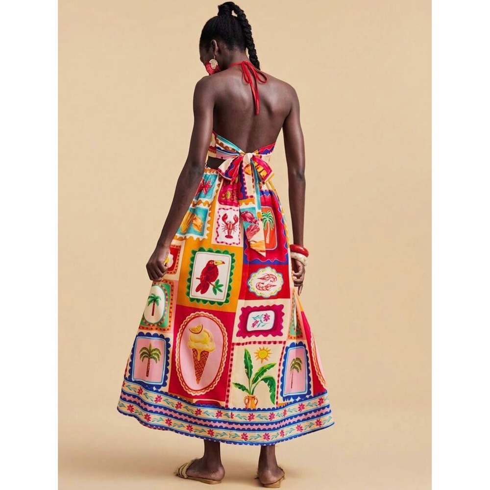 Tropical Stamp Halter Cutout Maxi Dress Multi Color Size L - Picture 2 of 10